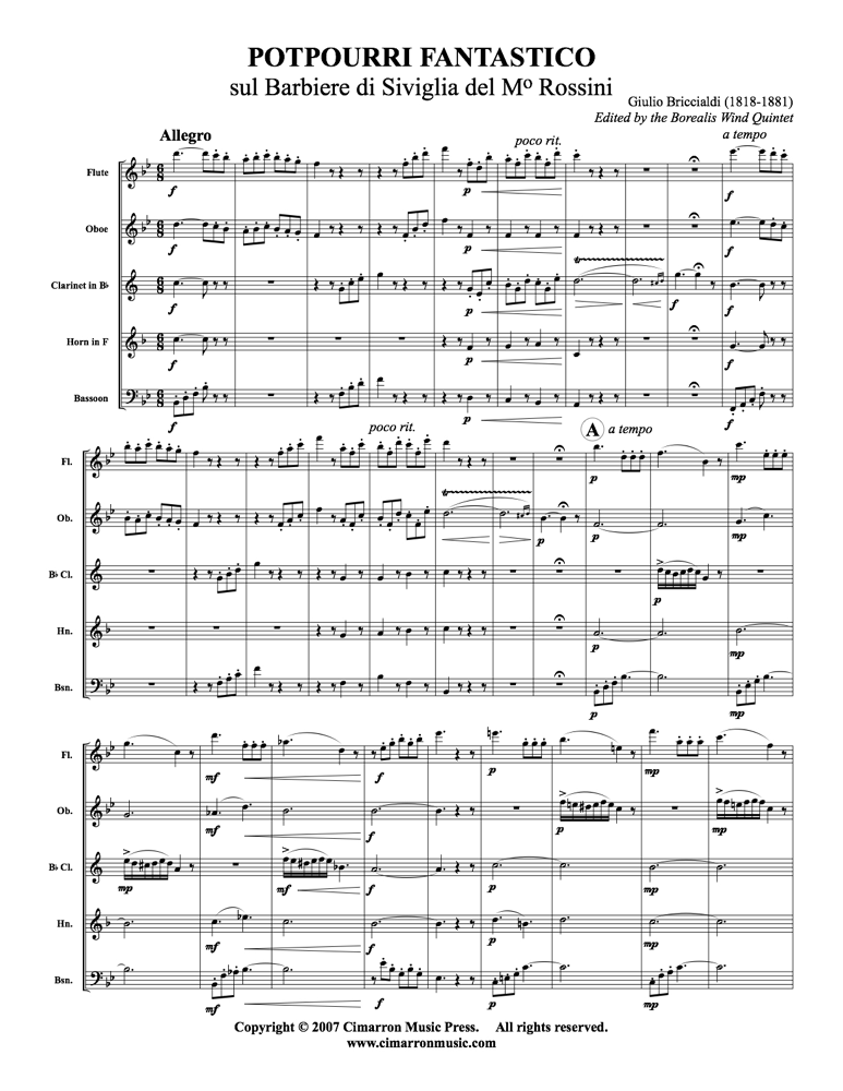 Briccialdi, Giulio - Potpourri Fantastico - Woodwind Quintet - Brass Music Online
