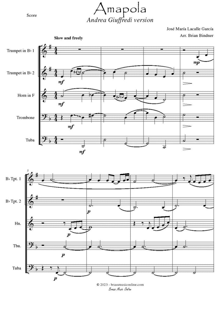 Amapola - for Brass Quintet - Brass Music Online