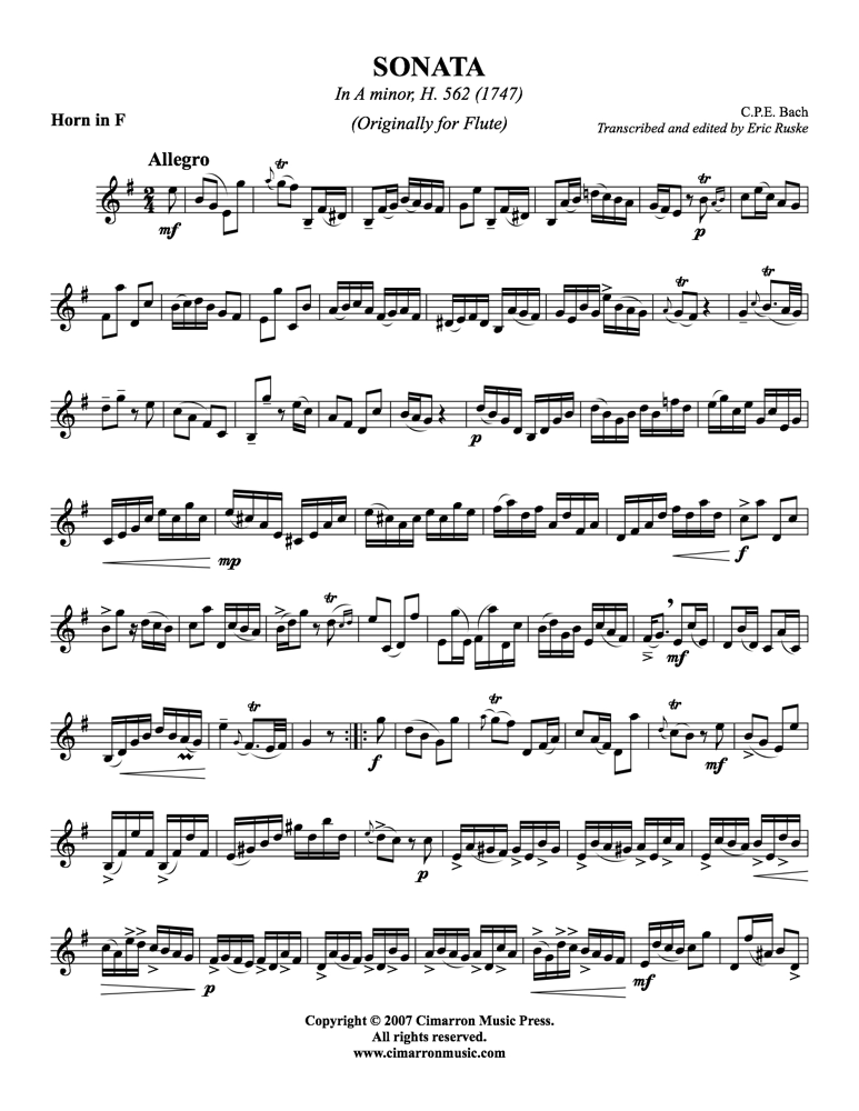 Bach, C P E - Sonata in A Minor, H.562 - horn Solo - Brass Music Online