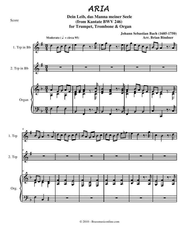Bach - Dein Leib, das Manna meine Seele for two trumpets and Organ - Brass Music Online