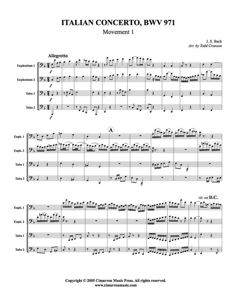 Bach, J S - Italian Concerto - BWV 971, Mvt. 1 - Tuba Quartet (EETT) - Brass Music Online