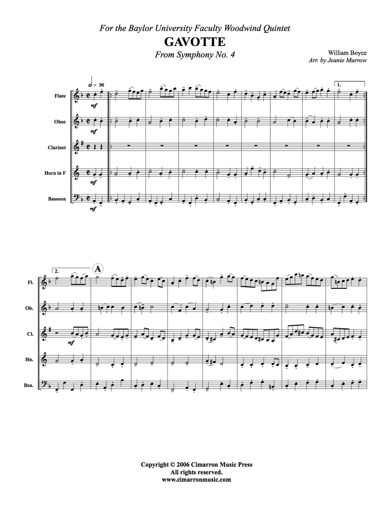 Boyce, W - Gavotte from Symphony #4 - Woodwind Quintet - Brass Music Online
