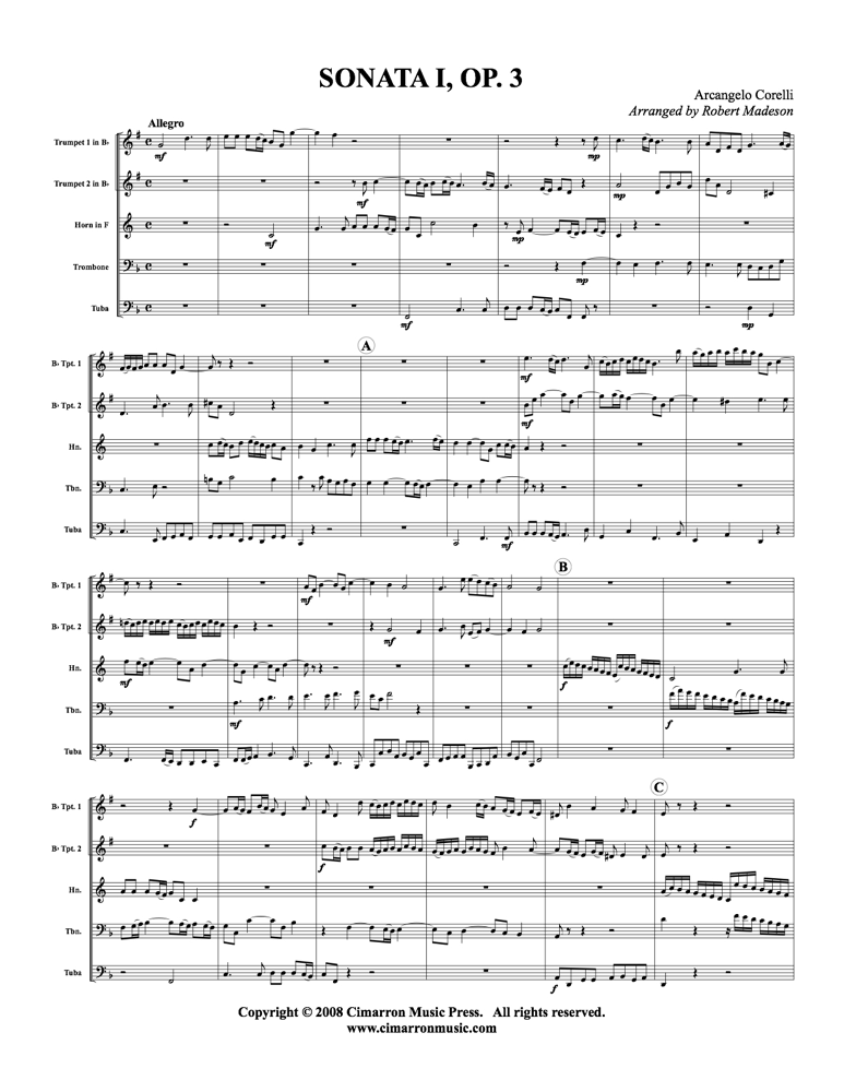 Corelli, A - Sonata I, Op. 3 - Brass Quintet - Brass Music Online