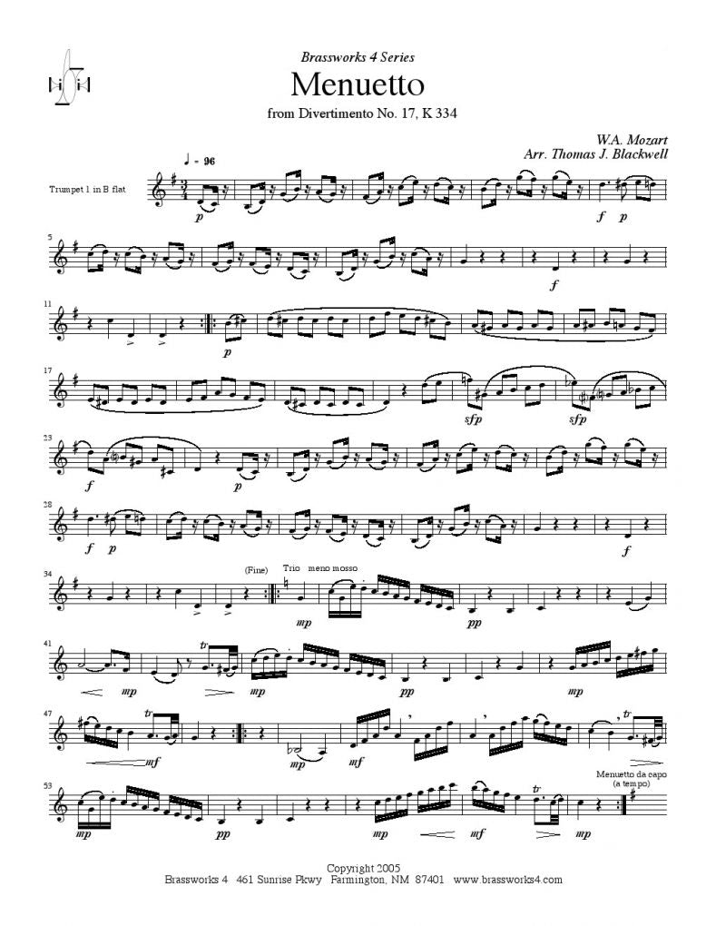 W.A. Mozart - Menuetto from Divertimento No. 17, K 334 - Brass Quartet